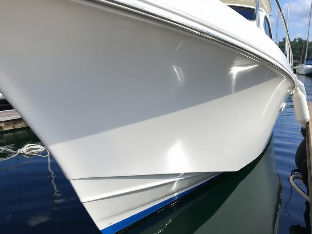 Restored gelcoat on a boat hull after detailing