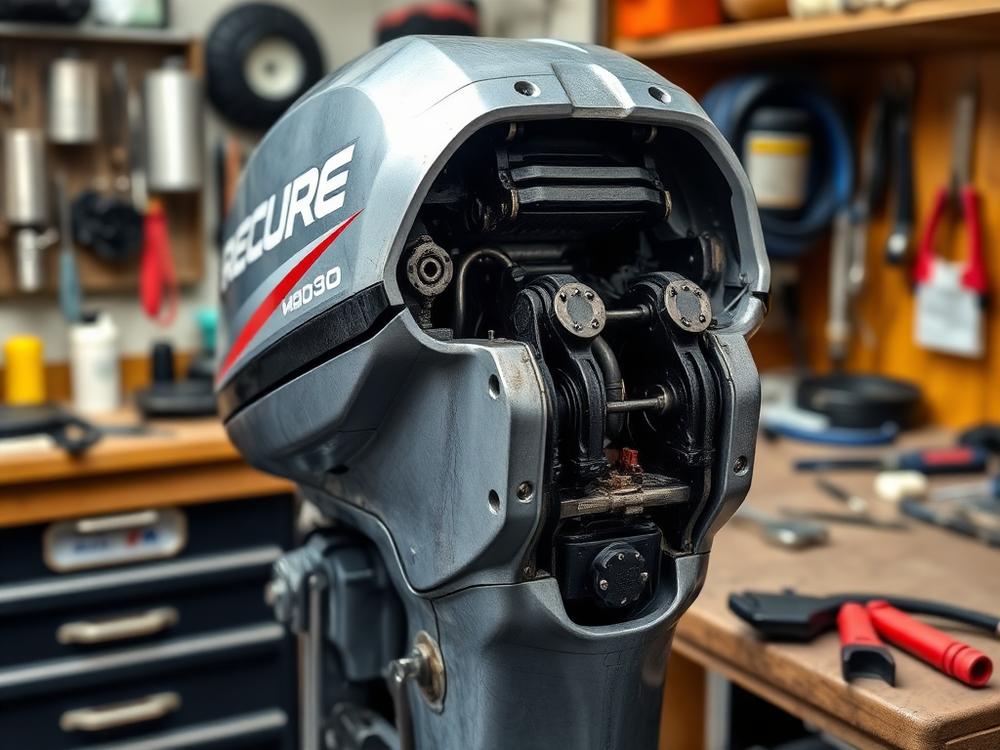 Rebuilt outboard powerhead on a workbench