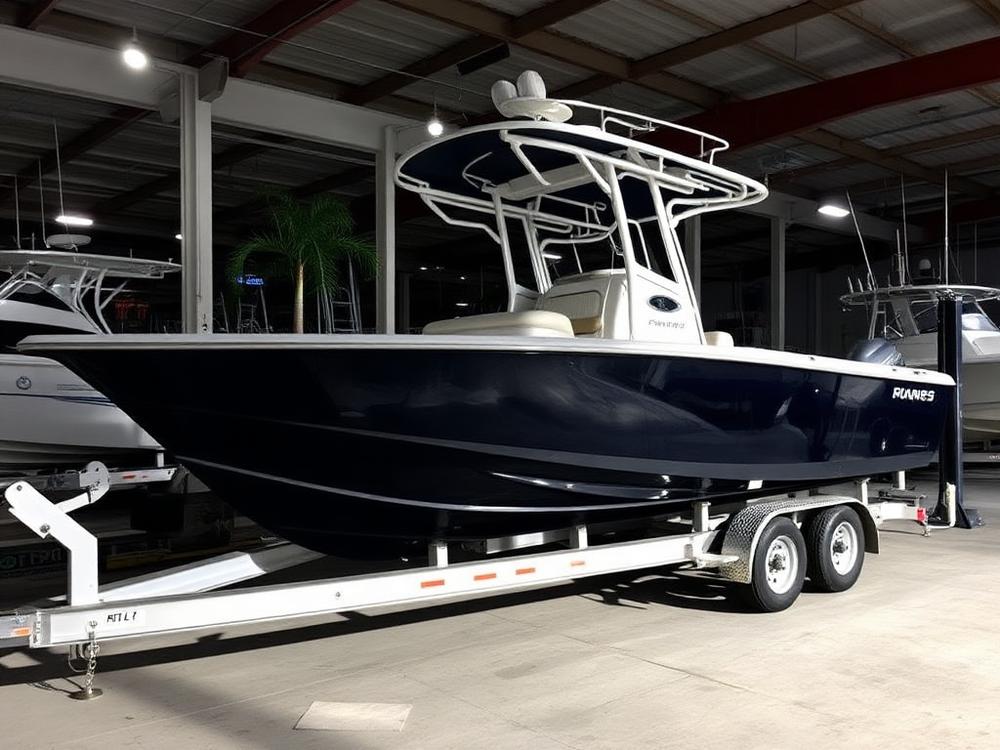 Center console boat on a trailer after bottom paint service